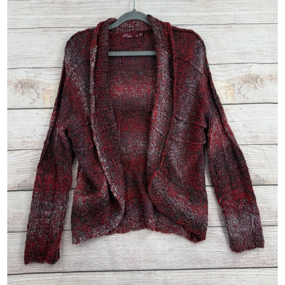 prAna Cardigan Women M Red Marled Wool Blend Open Front Chunky Knit Sweater